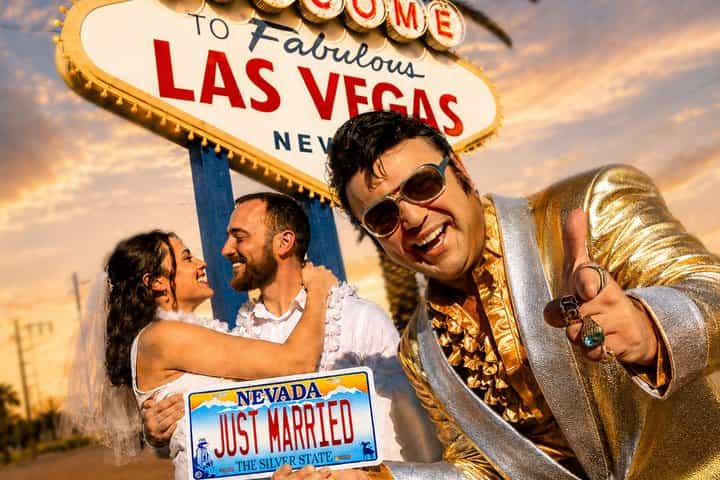 Gold Elvis Wedding or Vow Renewal at Las Vegas Sign