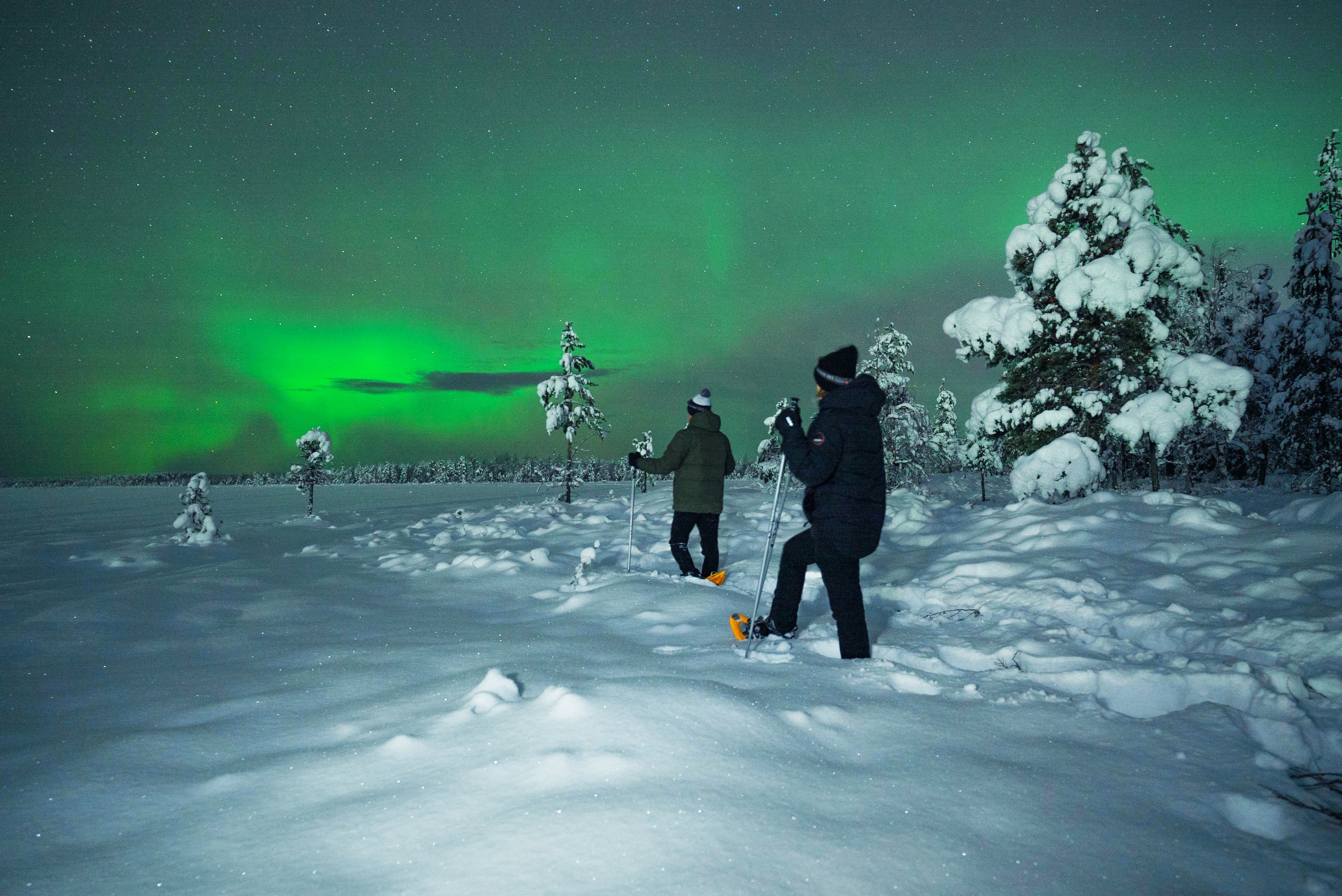 Night snowshoeing hunting for Aurora
