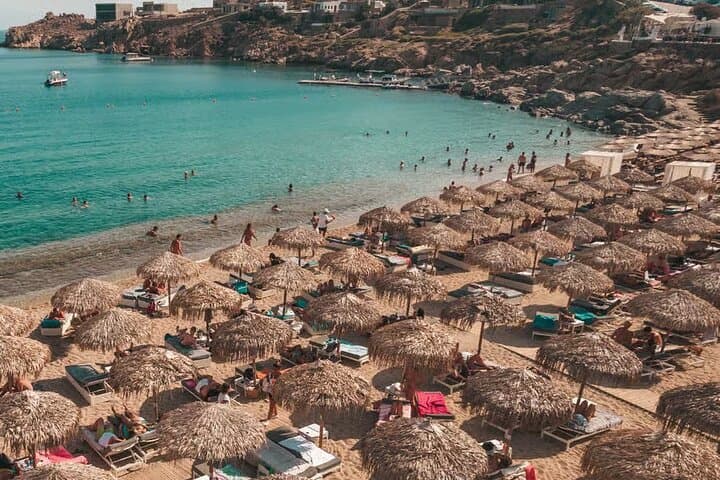 Walking Mykonos Town & Thalas Beach w/ Sunbeds & Transportation