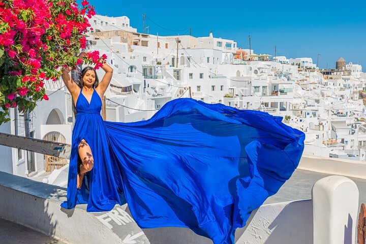 Flying Dress Photoshoot Experience in Santorini with pick up 