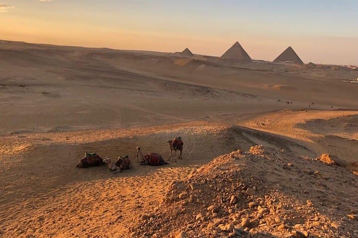 sunset at Giza pyramids by camels 