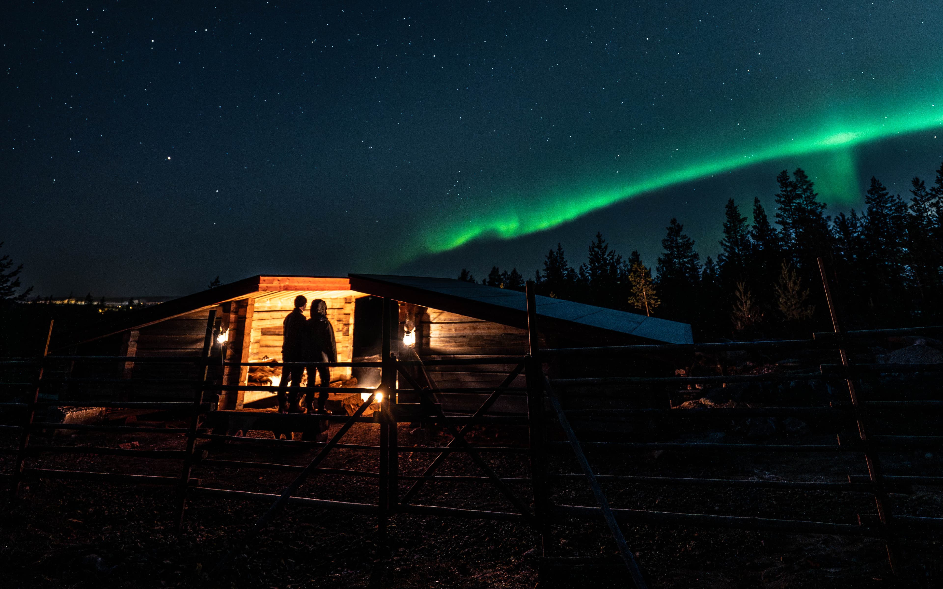 Watching the Northern Lights from a campfire on a reindeer pasture in Rovaniemi