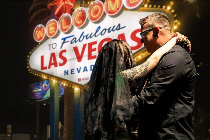 Goth Wedding or Vow Renewal at Vegas Sign with Props and Photos