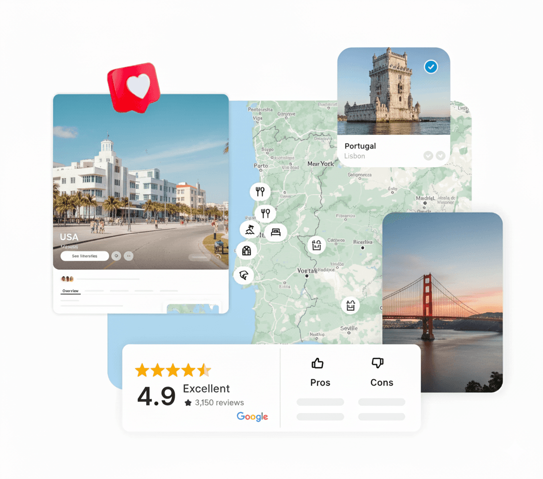 Home page Hero image showing travel-related items like a camera, sunglasses, and a map