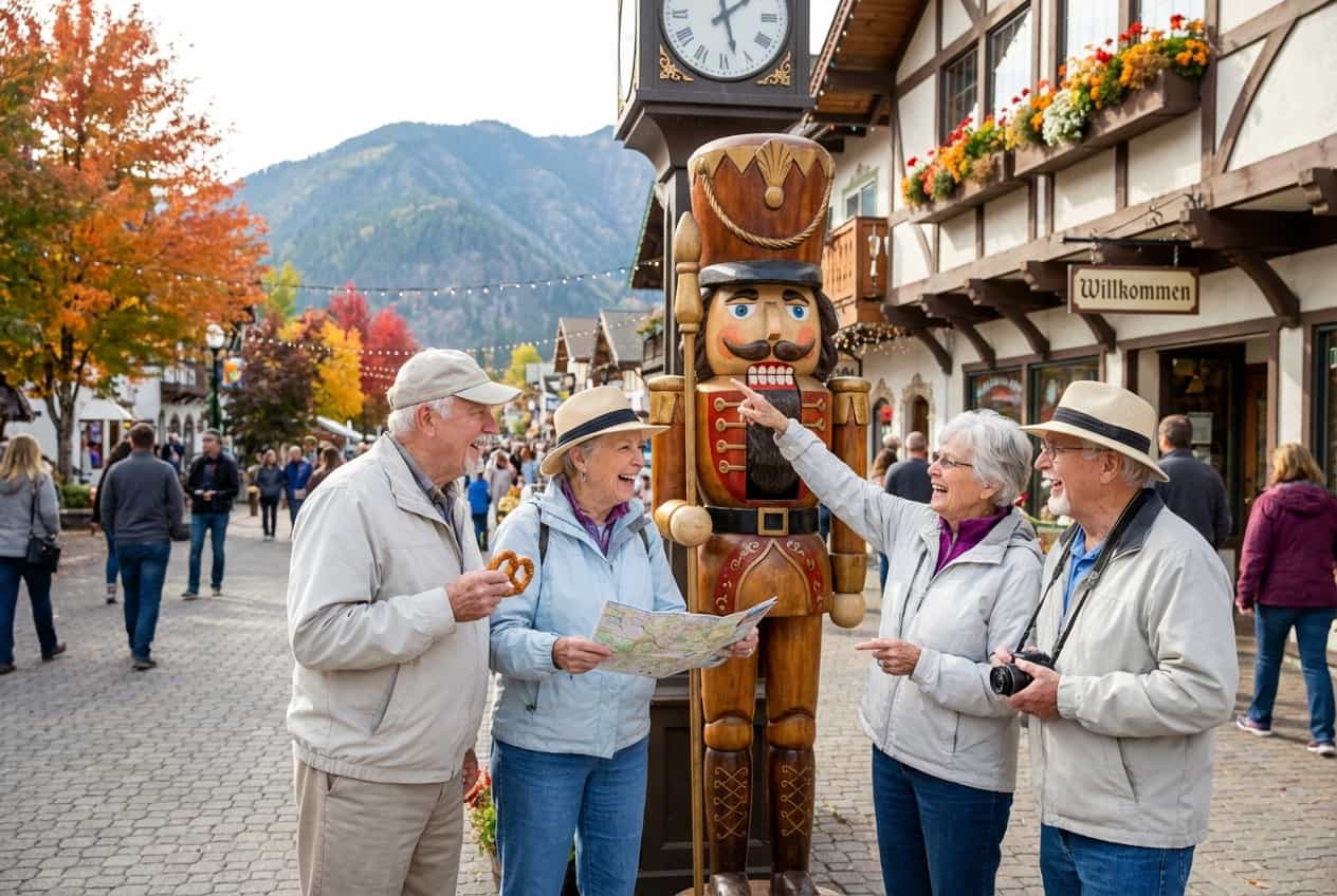 Leavenworth in 1 Days - Front Street Bavarian village atmosphere with benches and accessible shops Leavenworth in 1 Days - Front Street Bavarian village atmosphere with benches and accessible shops